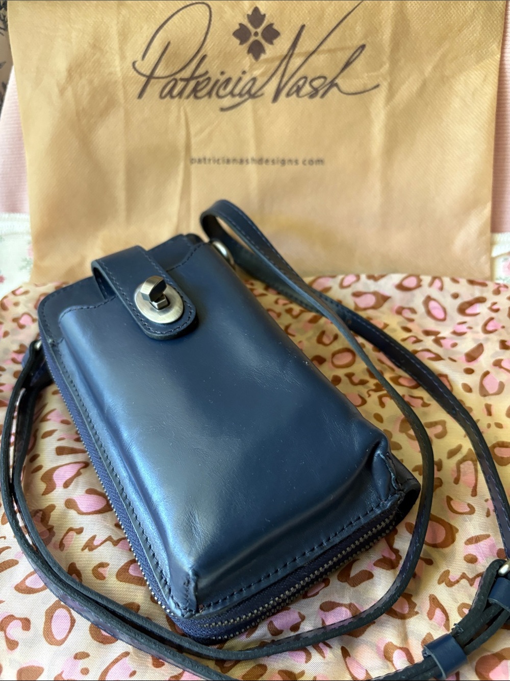Patricia Nash Navy Leather Crossbody Phone Pouch with Turn-Lock